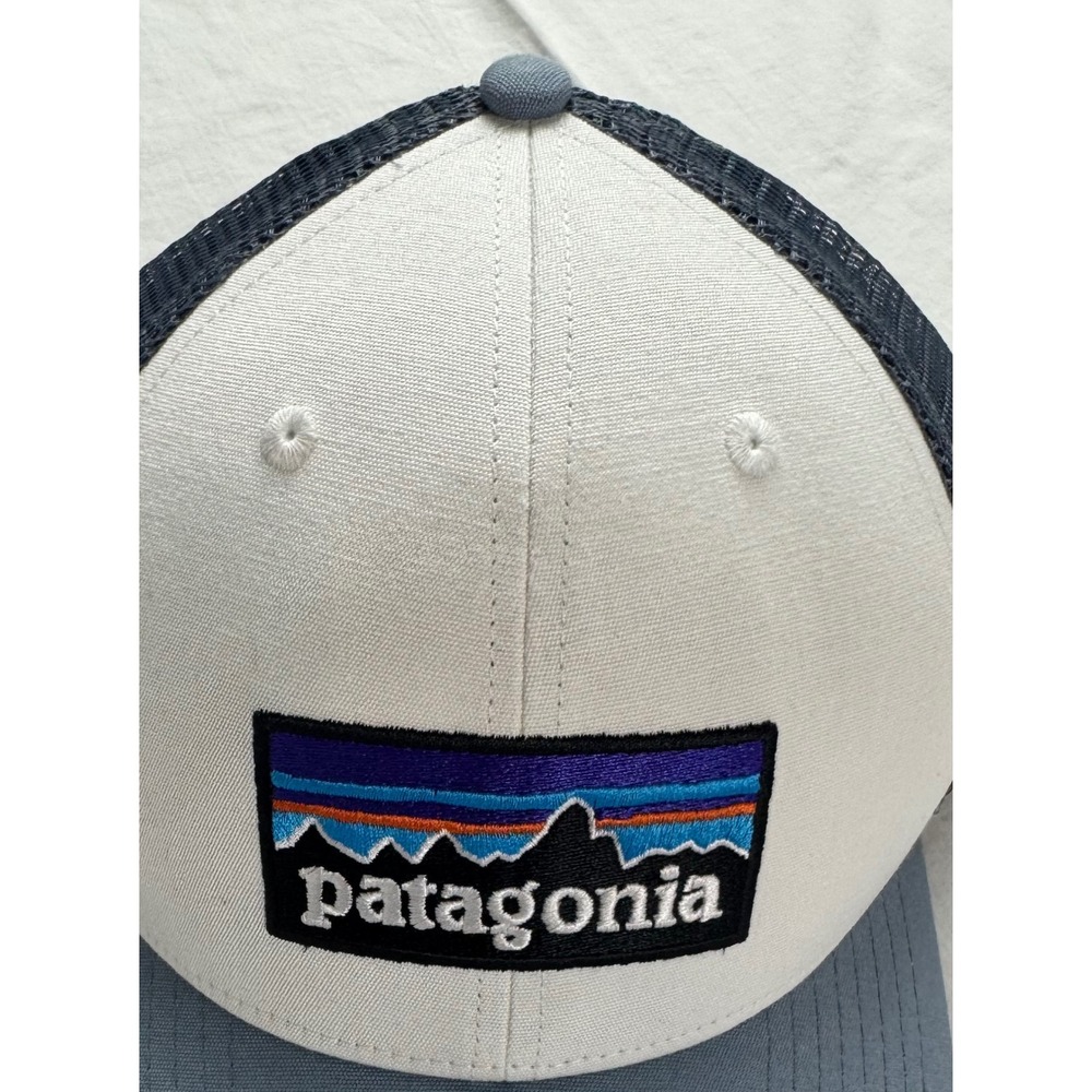 Patagonia P-6 Logo Trucker Hat Mesh Back Snapback Blue White Organic Cotton Cap - Picture 2 of 12